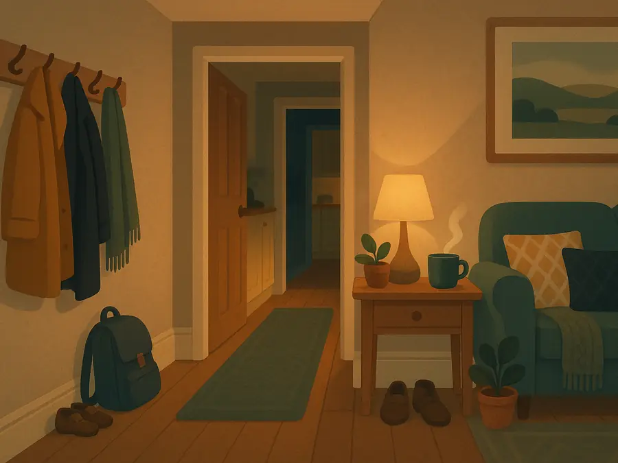 A hallway at the end of the day. A school bag set down by the door, small shoes beside grown-up ones, and warm light coming from the kitchen.