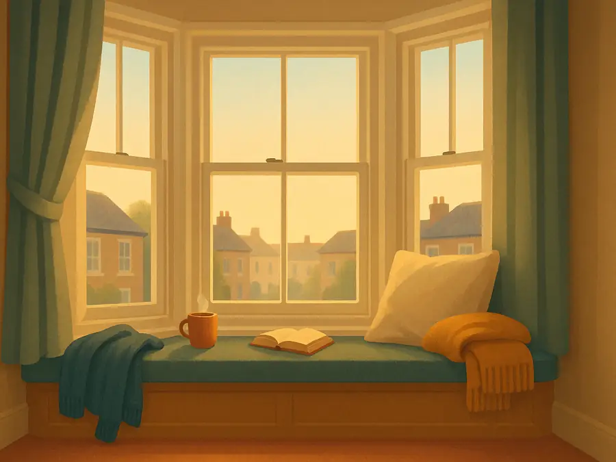 A bay window seat in the morning. A folded blanket, a book with a bookmark in it and a fresh mug of tea on the sill.