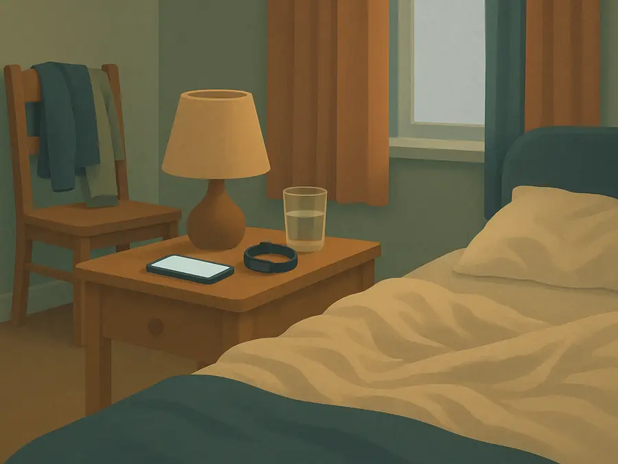 A bedroom in flat morning light. A phone lies face up on the bedside table with a blank, glowing screen, a fitness tracker band beside it, and the bed thrown back.