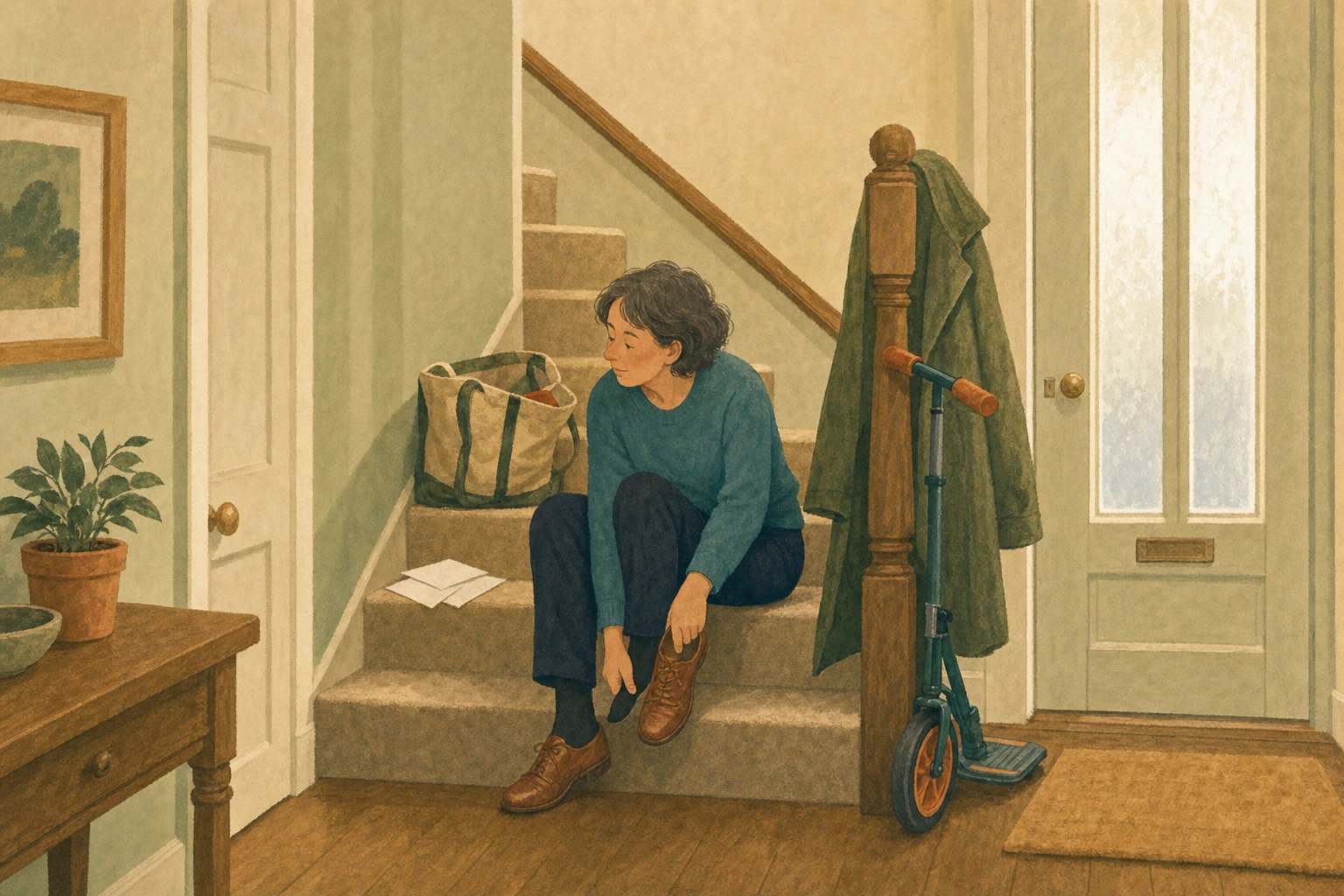 A woman in her fifties sitting on the stairs in her hallway putting one shoe on, with a half packed shopping bag, a child's scooter and two unopened envelopes around her.