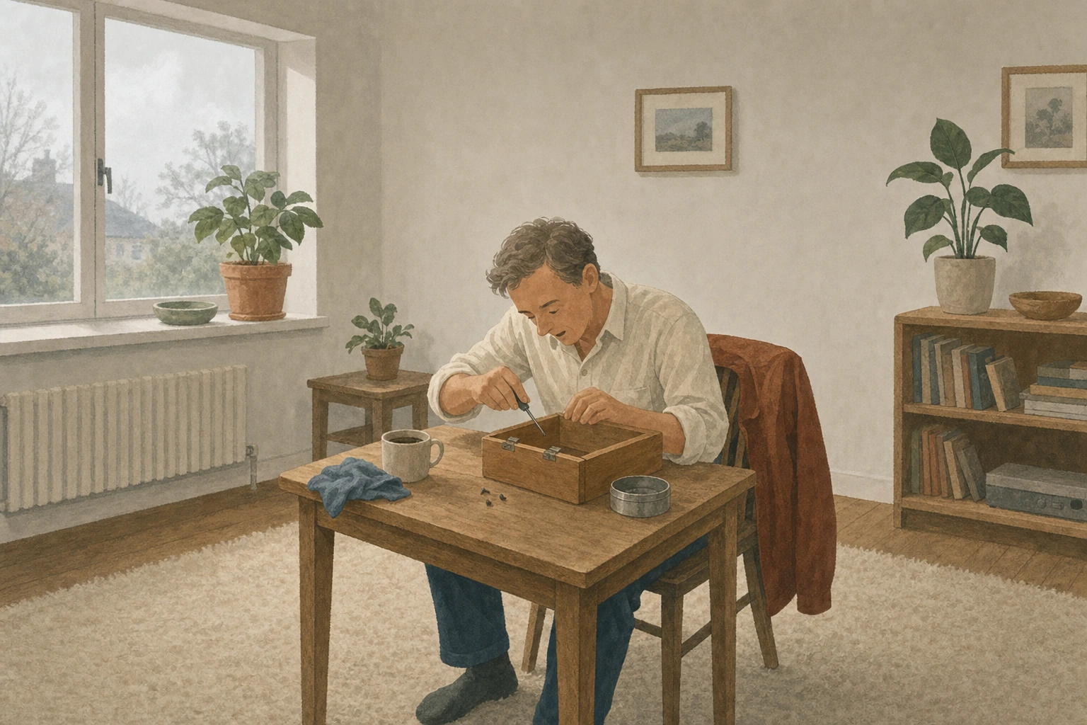 A man at a small table by a window, mending the hinge of a wooden box.