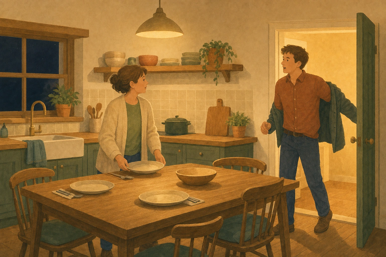 A woman laying the table who has stopped, still holding a plate, as her grown son comes in talking.