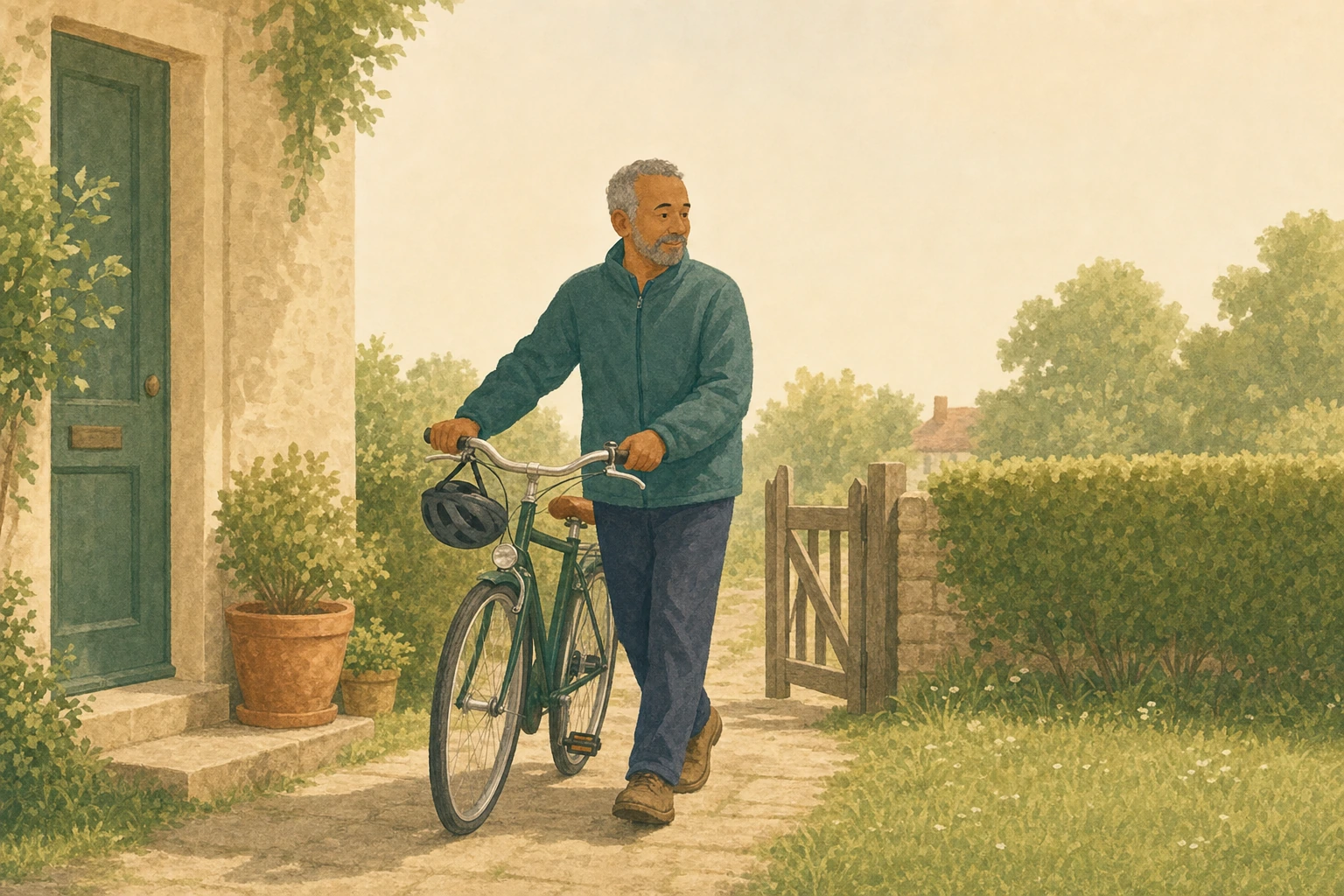 A man in his sixties wheeling his bicycle down the garden path towards an open gate.